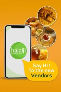 Halal Online Store Canada promotional image showing the Halalji app on a phone and halal food products such as biryani, sweets, honey, and snacks.