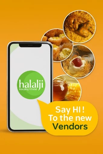 Halal Online Store Canada promotional image showing the Halalji app on a phone and halal food products such as biryani, sweets, honey, and snacks.