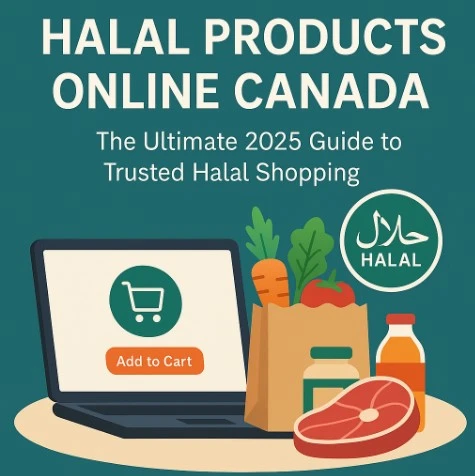 Visual concept of Halal Products Online Canada showing fresh halal food, groceries, and meat around a laptop screen representing a trusted halal marketplace for 2025.